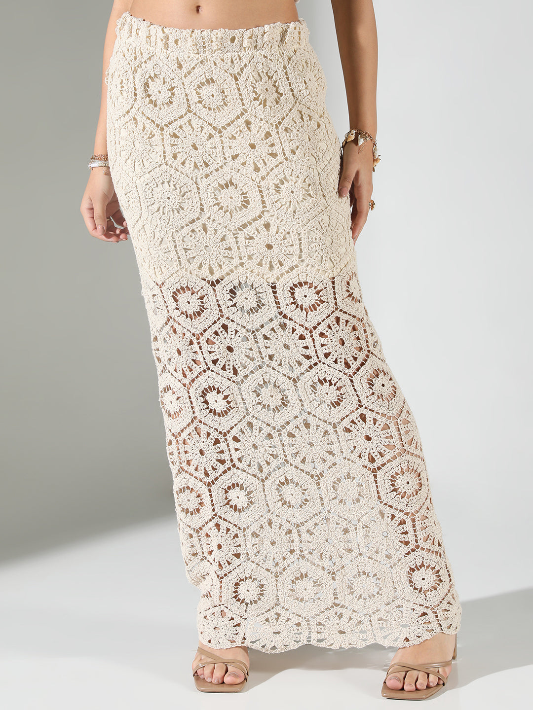 Women Beige Solid Straight Crochet Skirt