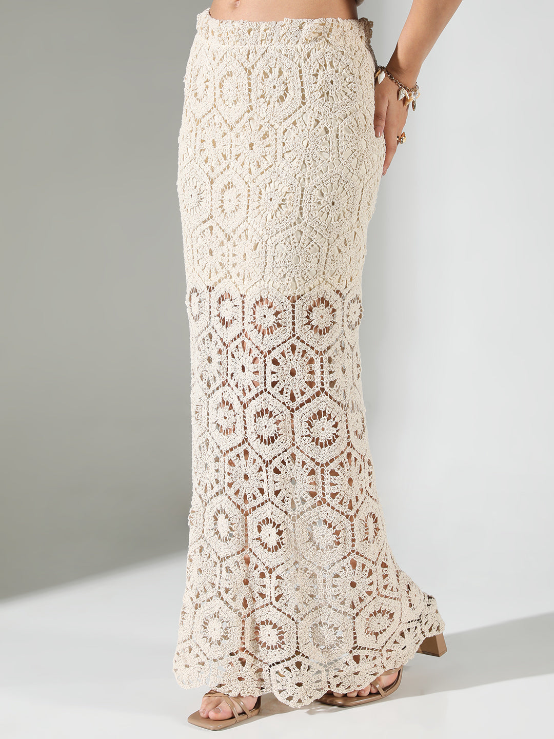 Women Beige Solid Straight Crochet Skirt