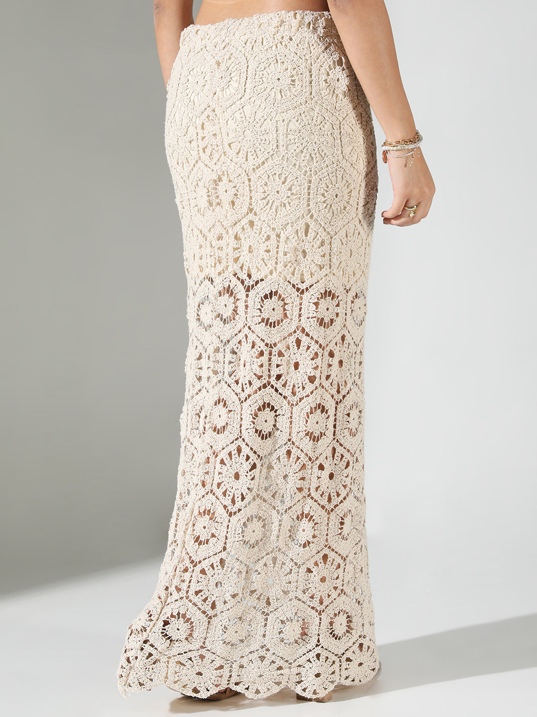 Women Beige Solid Straight Crochet Skirt