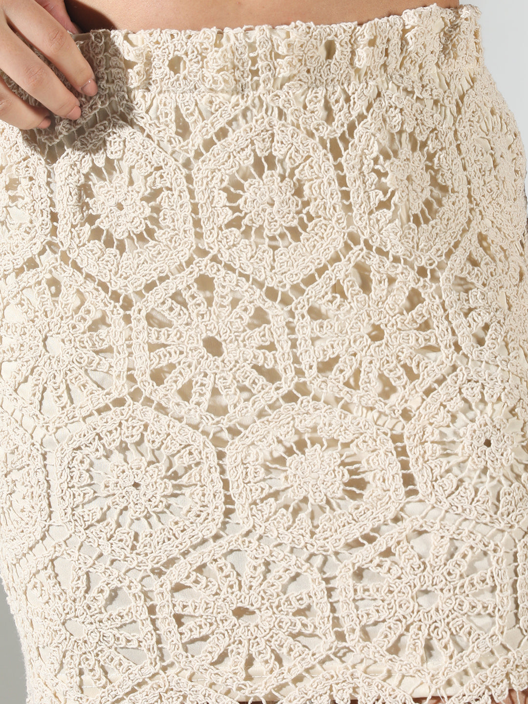 Women Beige Solid Straight Crochet Skirt