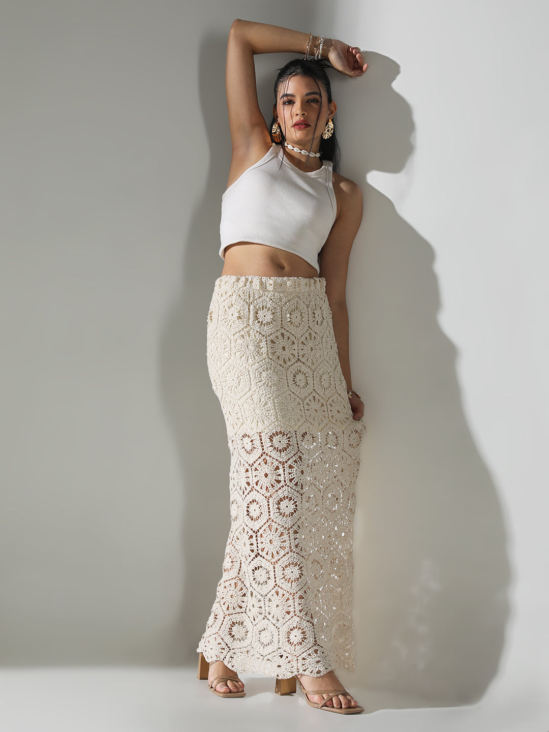 Women Beige Solid Straight Crochet Skirt