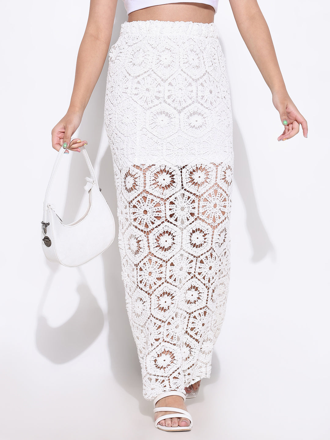 Women White Solid Crochet Skirt