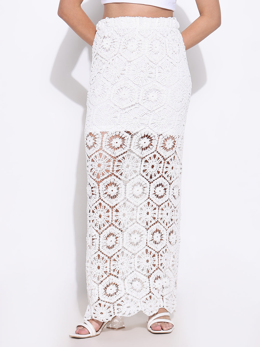 Women White Solid Crochet Skirt