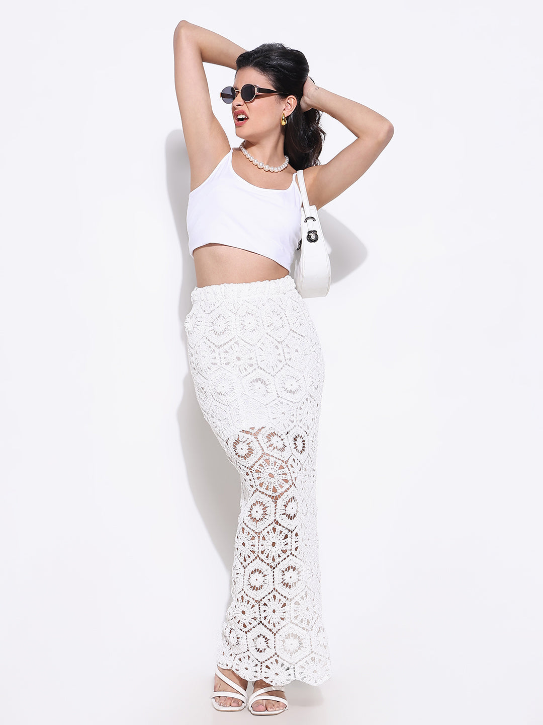 Women White Solid Crochet Skirt