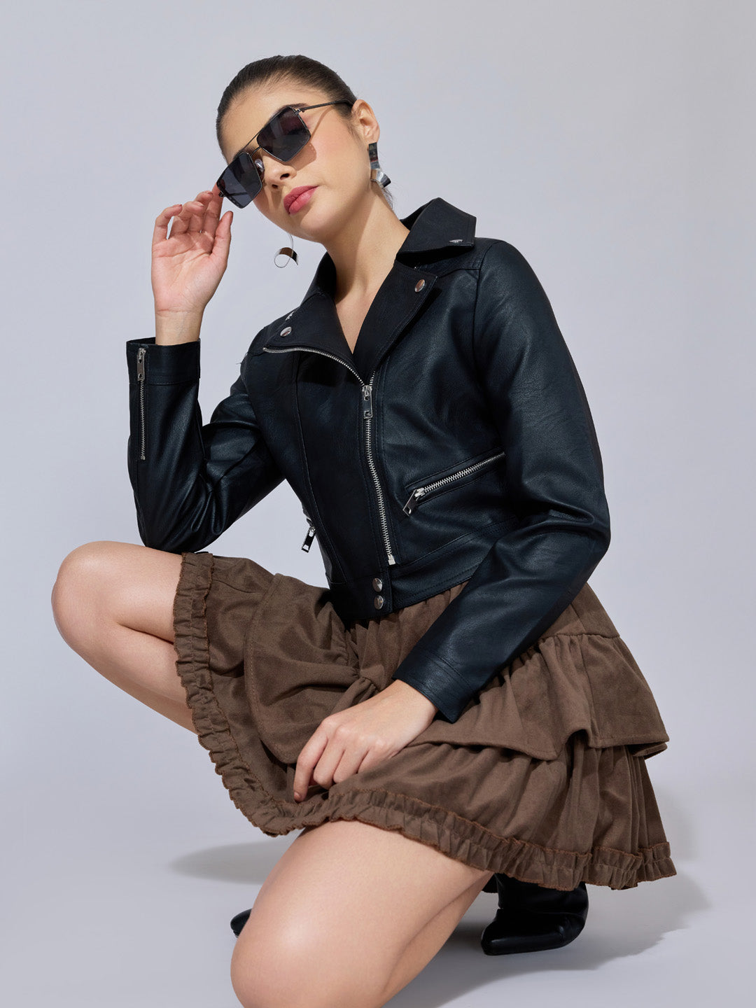 Women's Black Faux Leather Biker Jacket with Asymmetric Zip