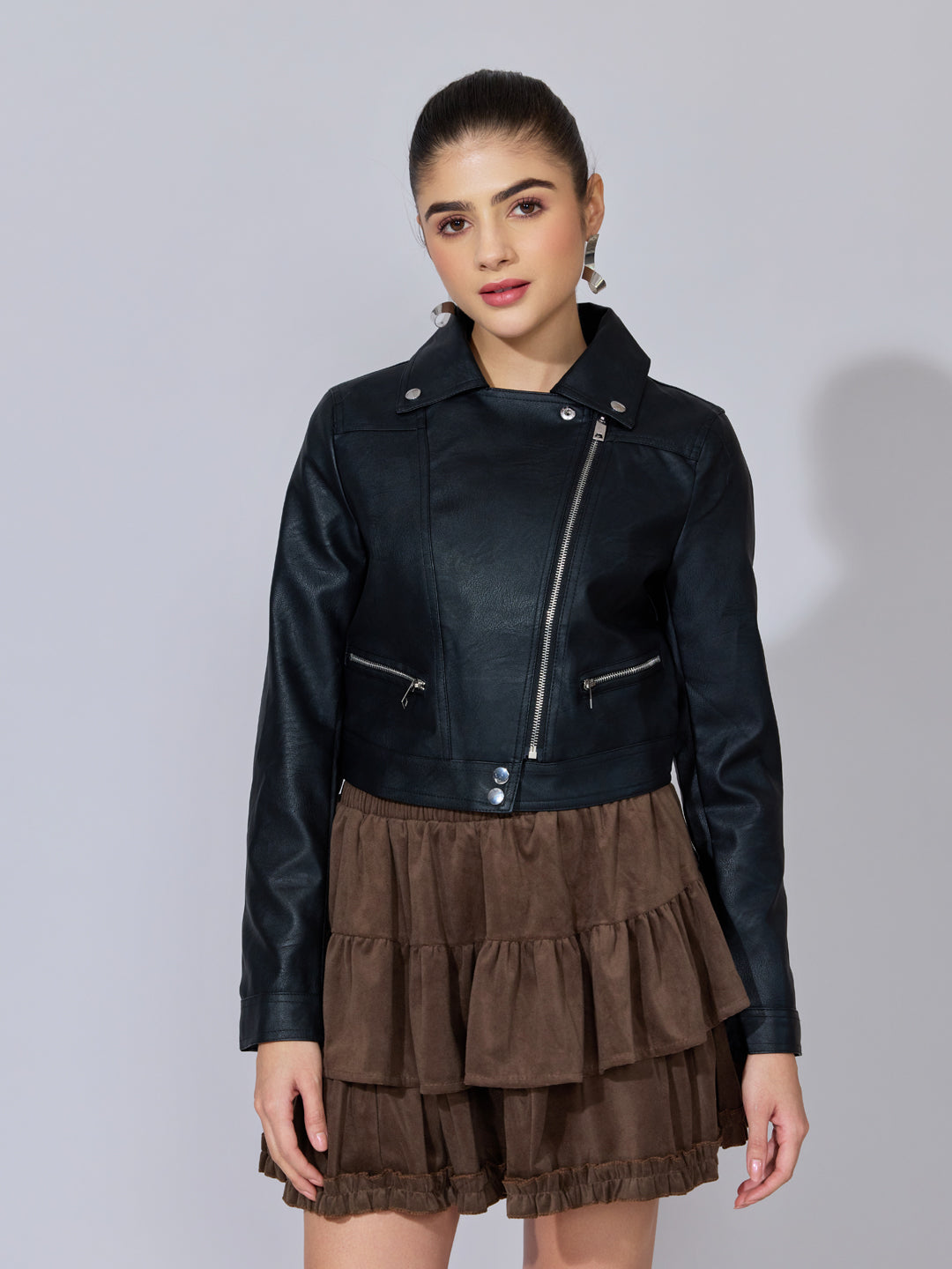 Women's Black Faux Leather Biker Jacket with Asymmetric Zip