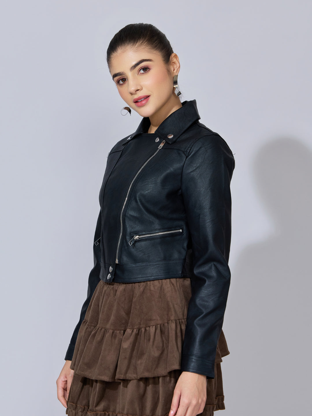 Women's Black Faux Leather Biker Jacket with Asymmetric Zip