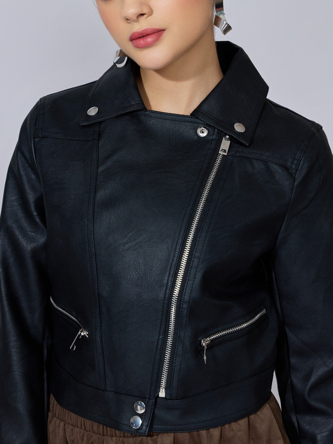 Women's Black Faux Leather Biker Jacket with Asymmetric Zip