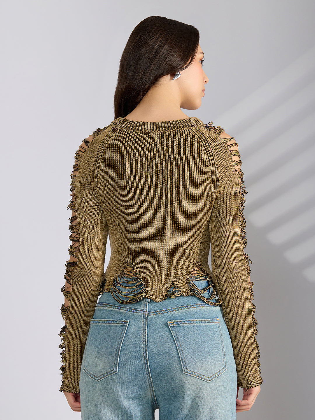 Women's Ribbed Brown Distressed Round Neck Short Top