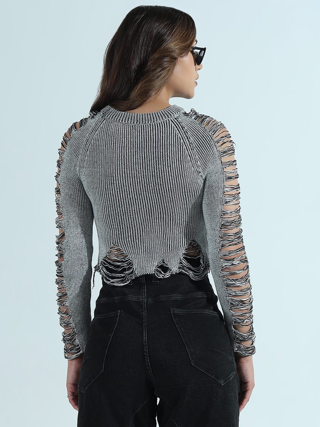 Women's Ribbed Grey Distressed Round Neck Short Top