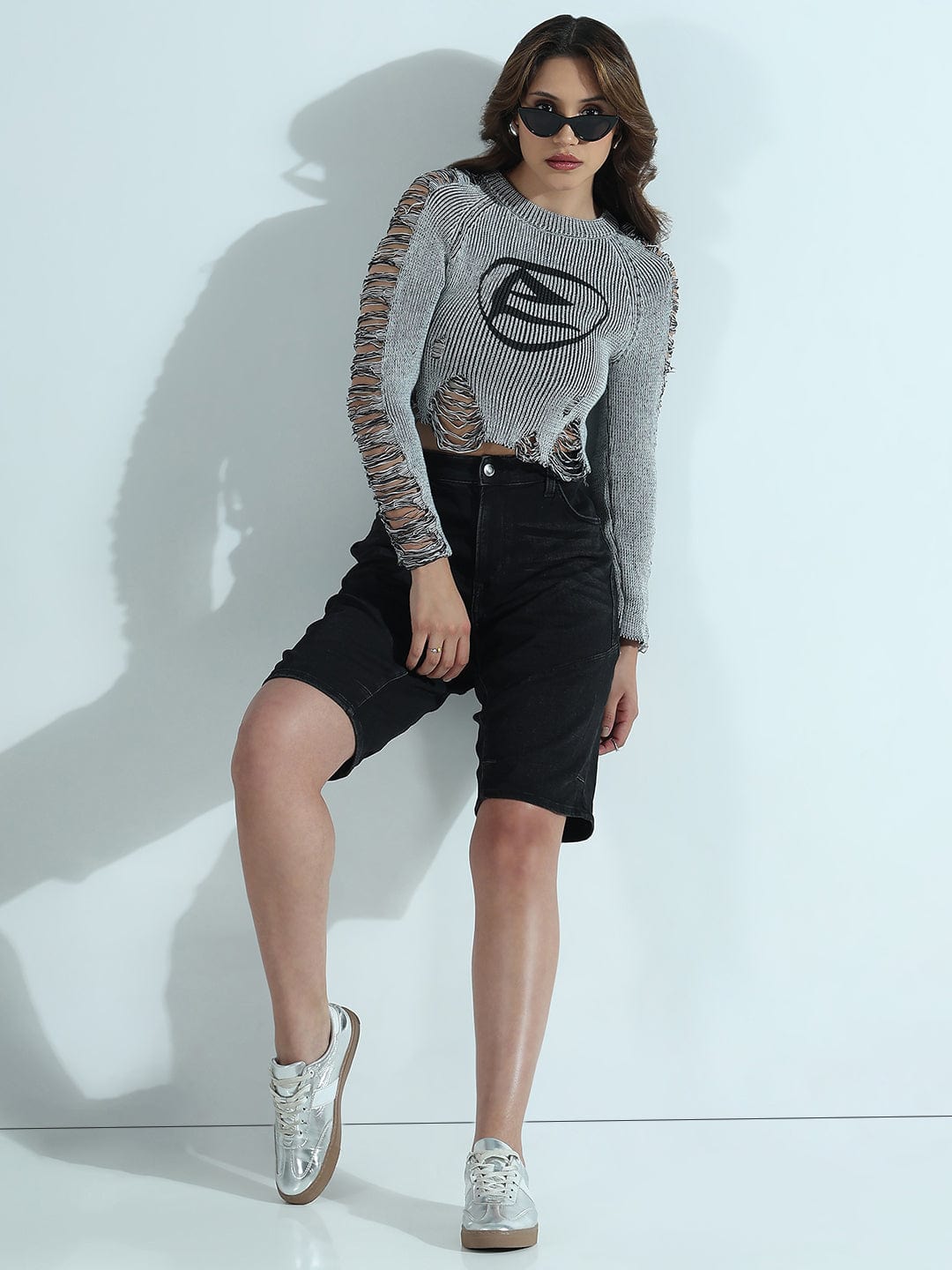 Women's Ribbed Grey Distressed Round Neck Short Top