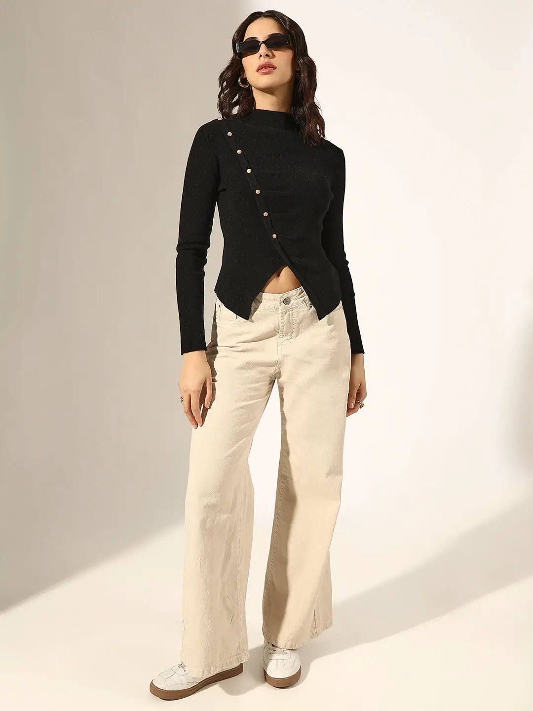 Women's Knitted Black Top with Asymmetric Hem & Button Detail