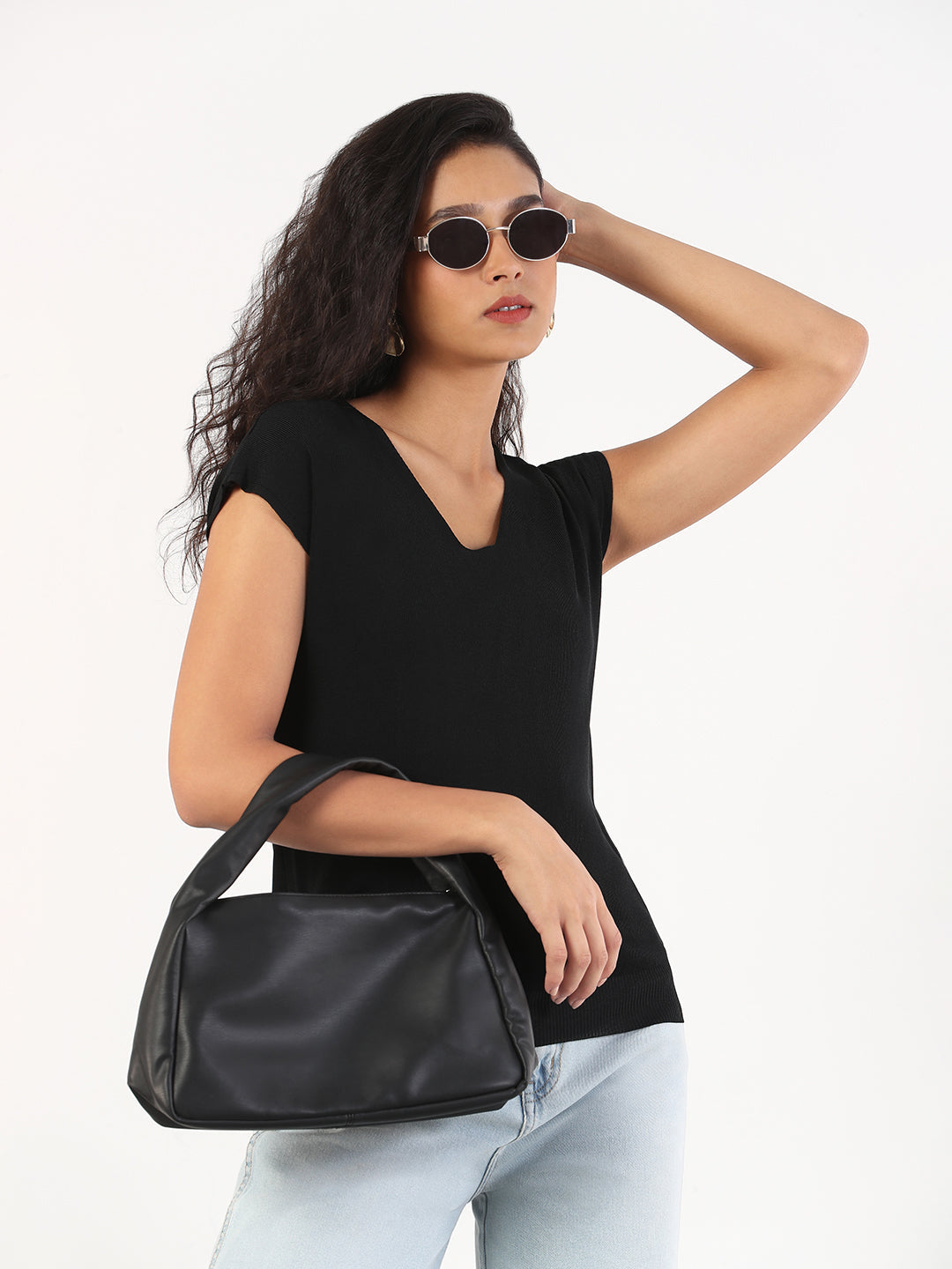 Women Casual Solid V-Neck Black Top