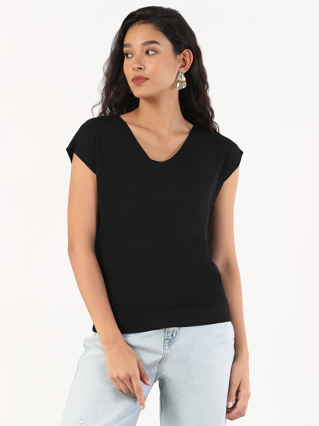 Women Casual Solid V-Neck Black Top