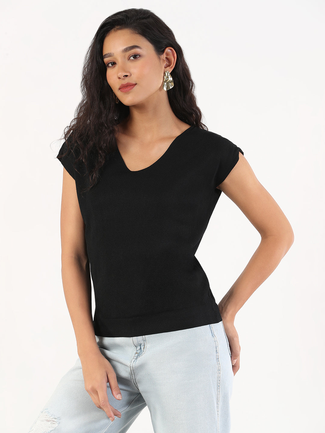 Women Casual Solid V-Neck Black Top