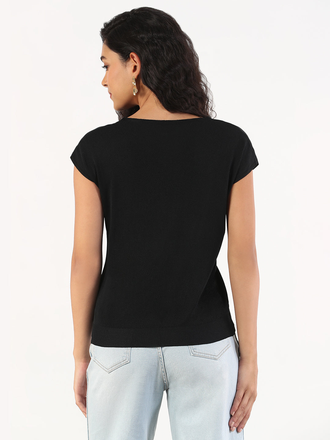 Women Casual Solid V-Neck Black Top