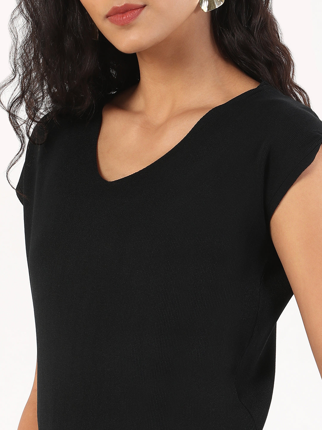 Women Casual Solid V-Neck Black Top