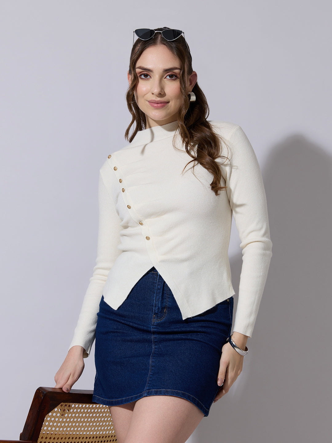 Women's Knit Off White Top with Asymmetric Hem & Button Detail