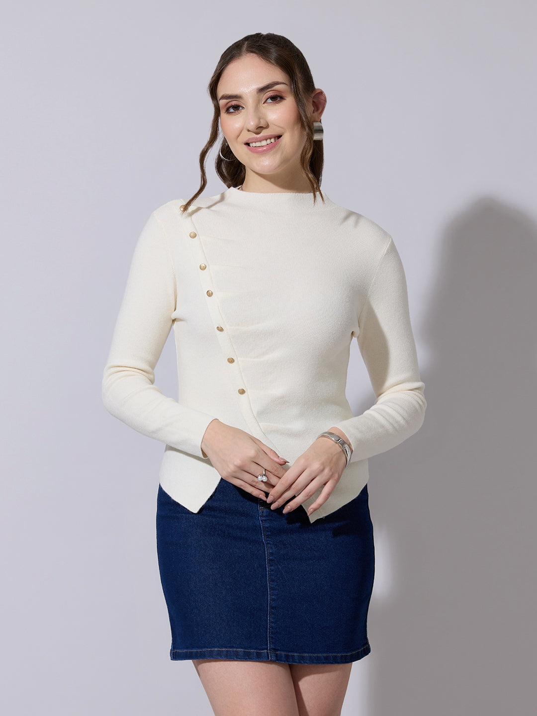 Women's Knit Off White Top with Asymmetric Hem & Button Detail