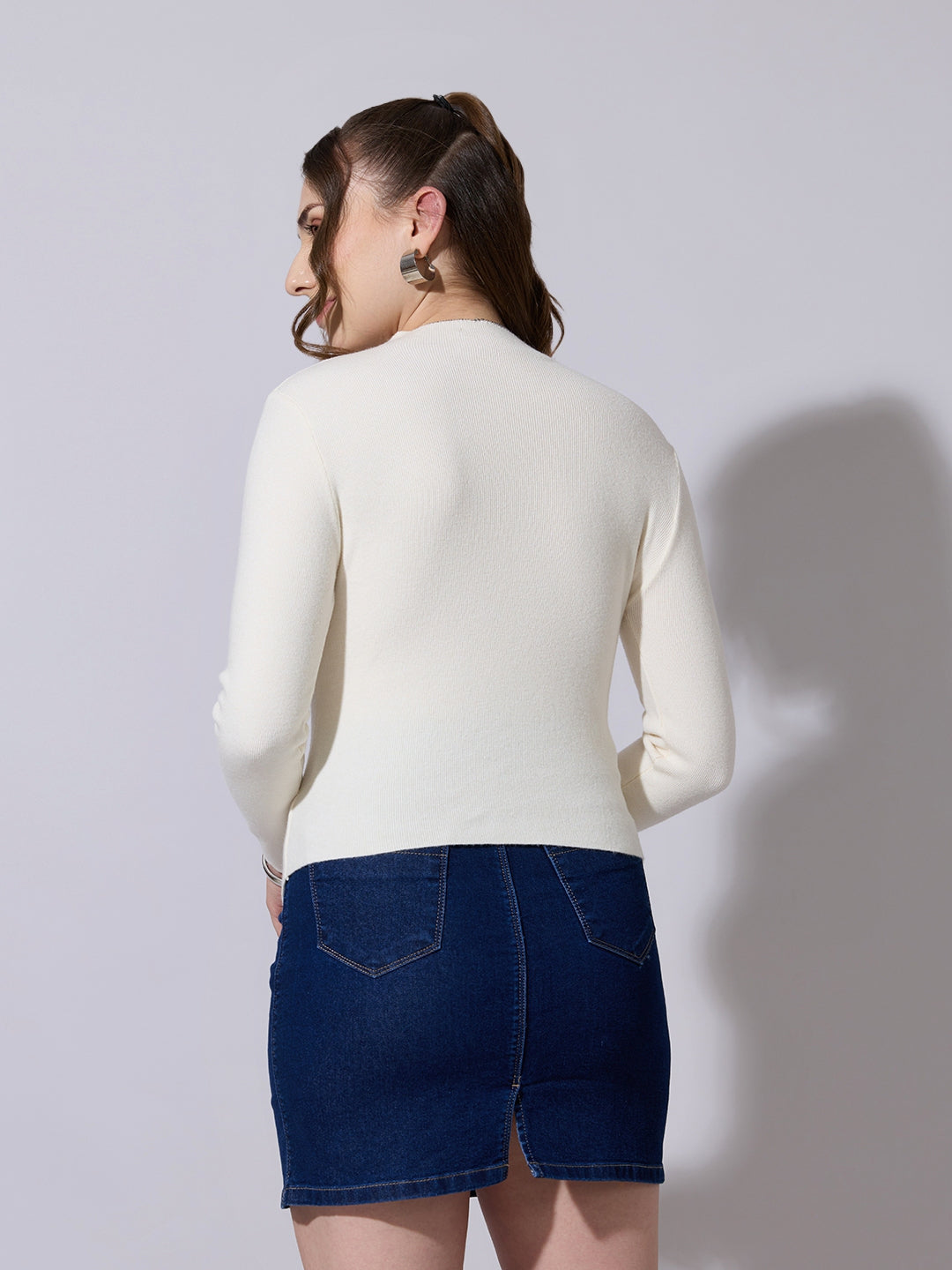 Women's Knit Off White Top with Asymmetric Hem & Button Detail