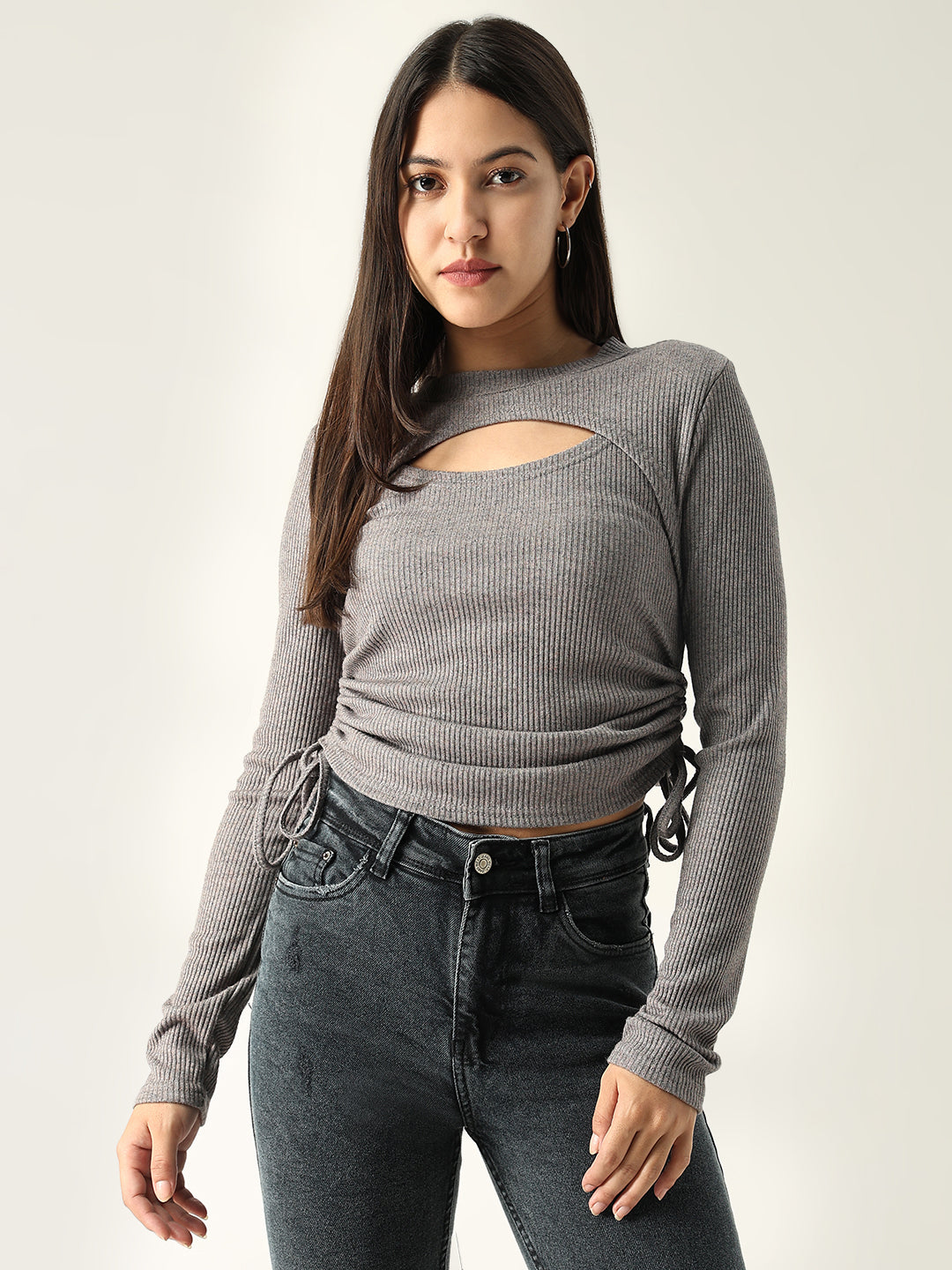 Women's Solid Grey Fitted Top
