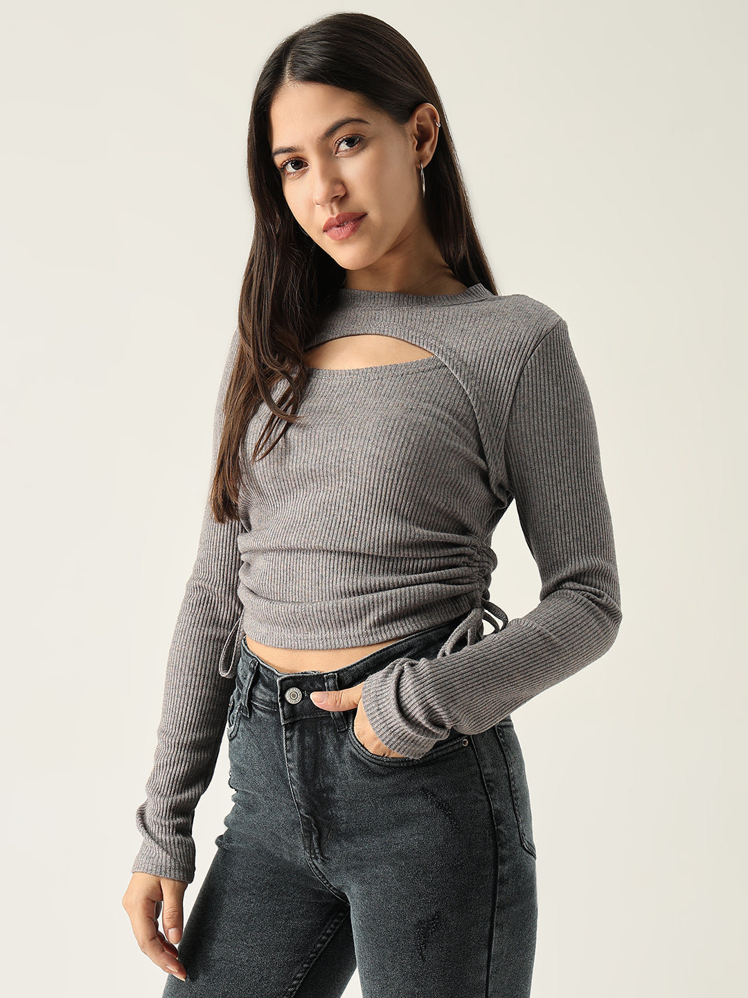 Women's Solid Grey Fitted Top