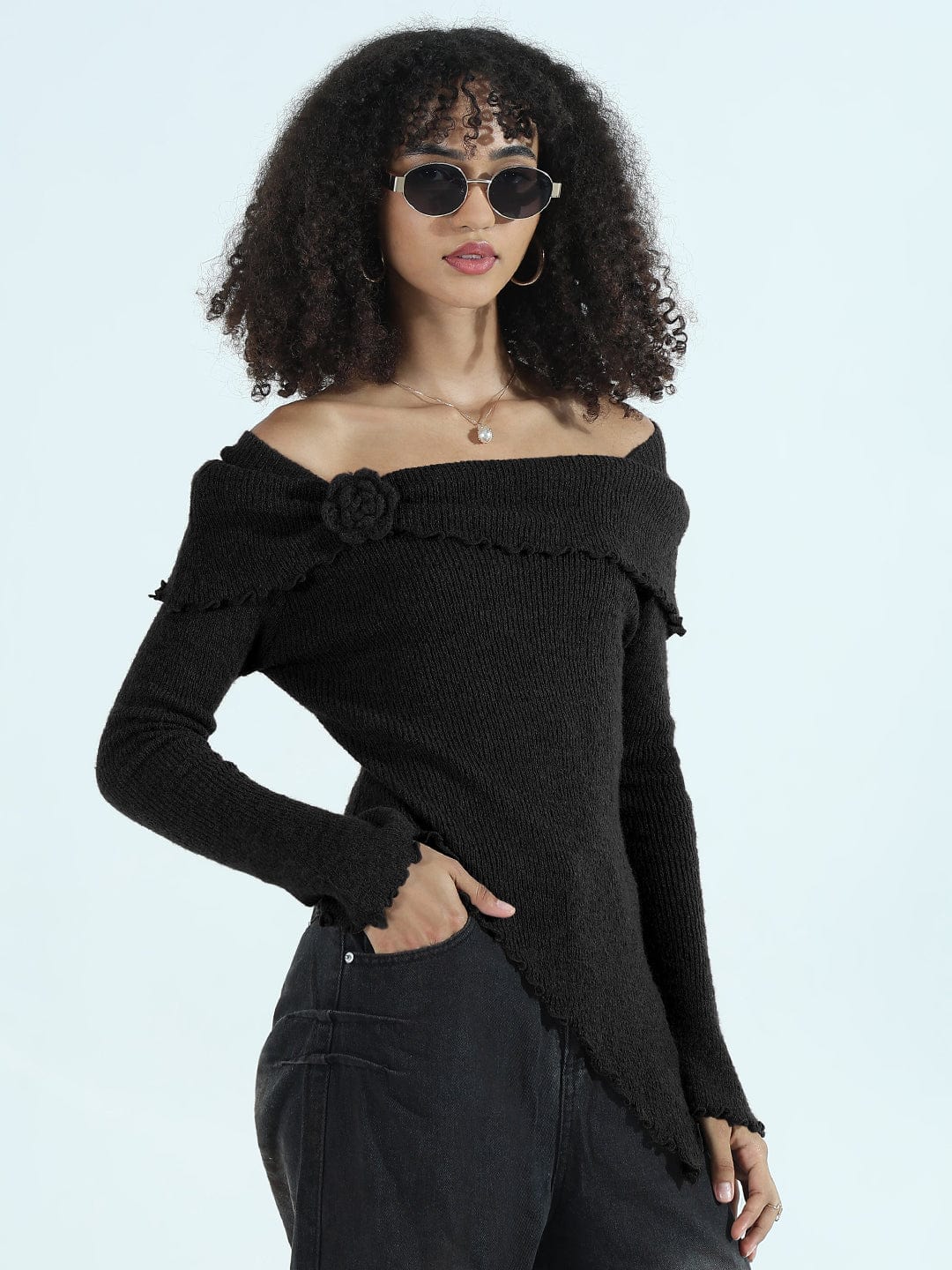 Women's Textured Black Asymmetric Off-Shoulder Knit Top