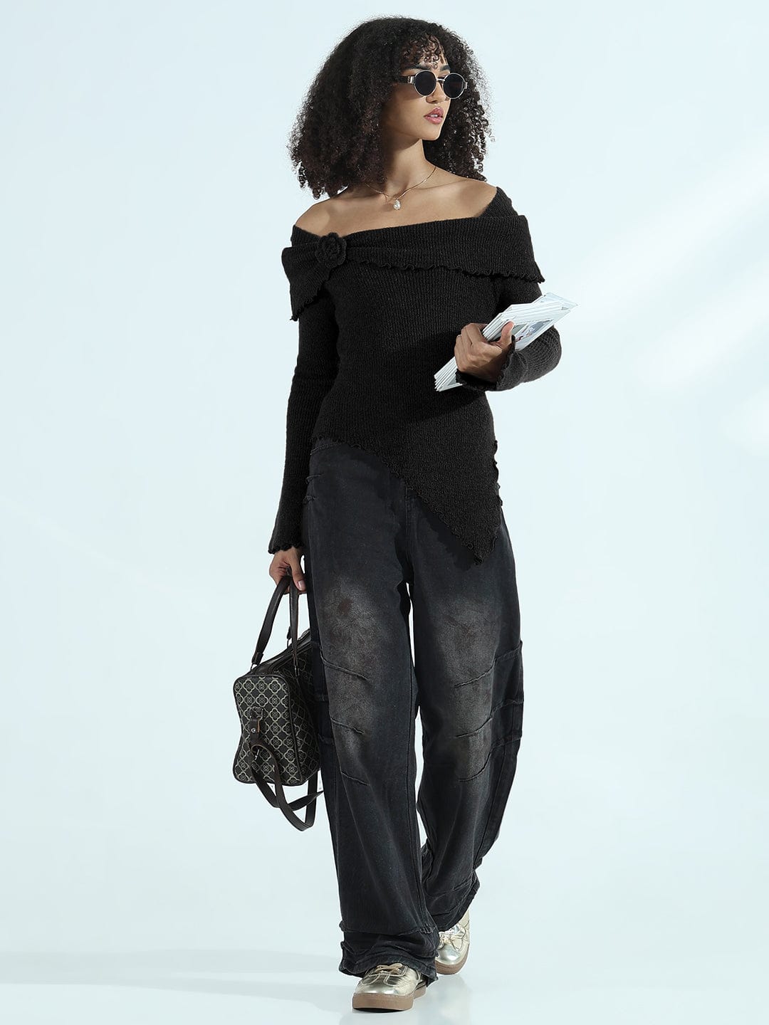 Women's Textured Black Asymmetric Off-Shoulder Knit Top