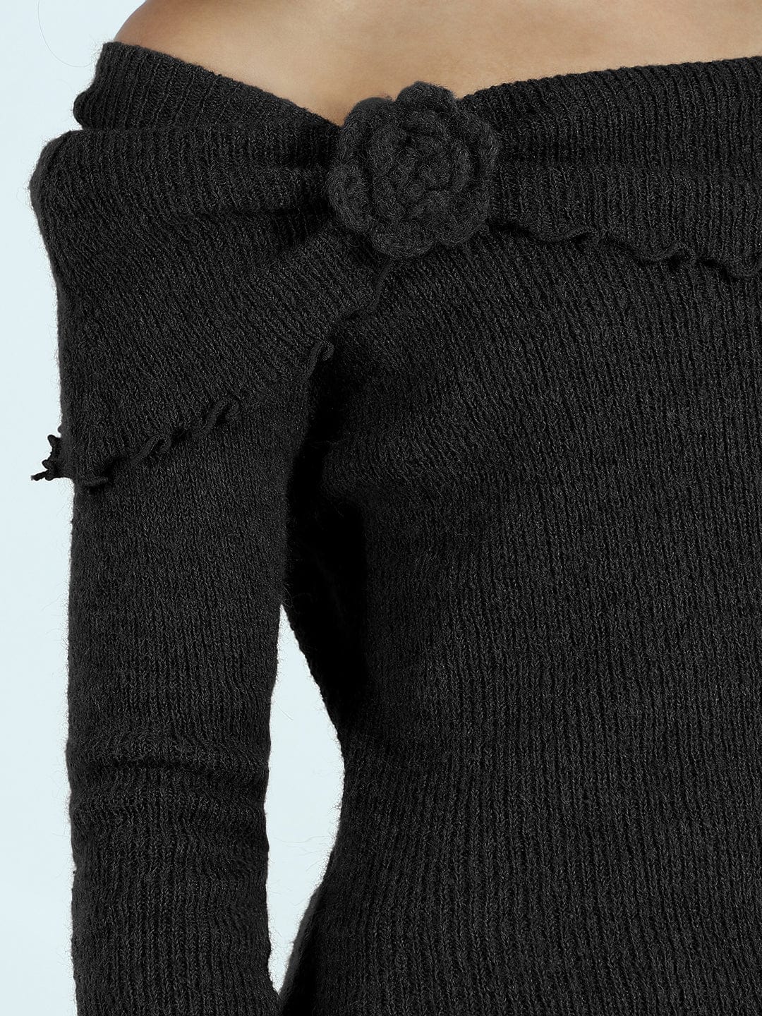 Women's Textured Black Asymmetric Off-Shoulder Knit Top