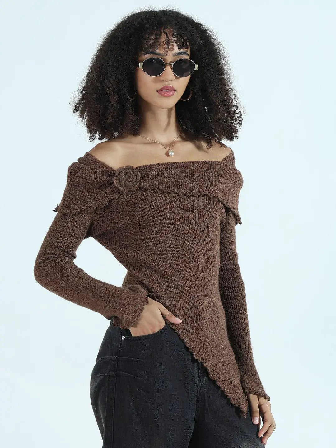 Women's Textured Brown Asymmetric Off-Shoulder Knit Top - from SHOWOFFFF