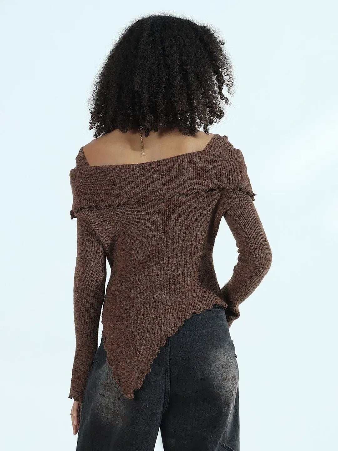 Women's Textured Brown Asymmetric Off-Shoulder Knit Top - from SHOWOFFFF