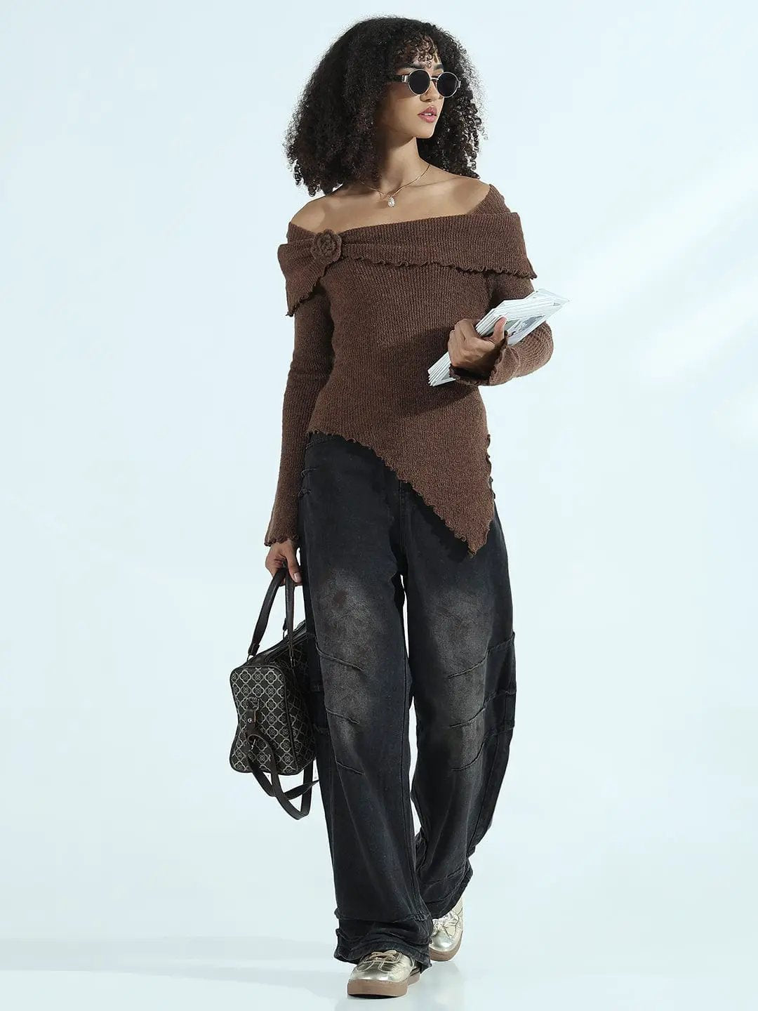 Women's Textured Brown Asymmetric Off-Shoulder Knit Top - from SHOWOFFFF