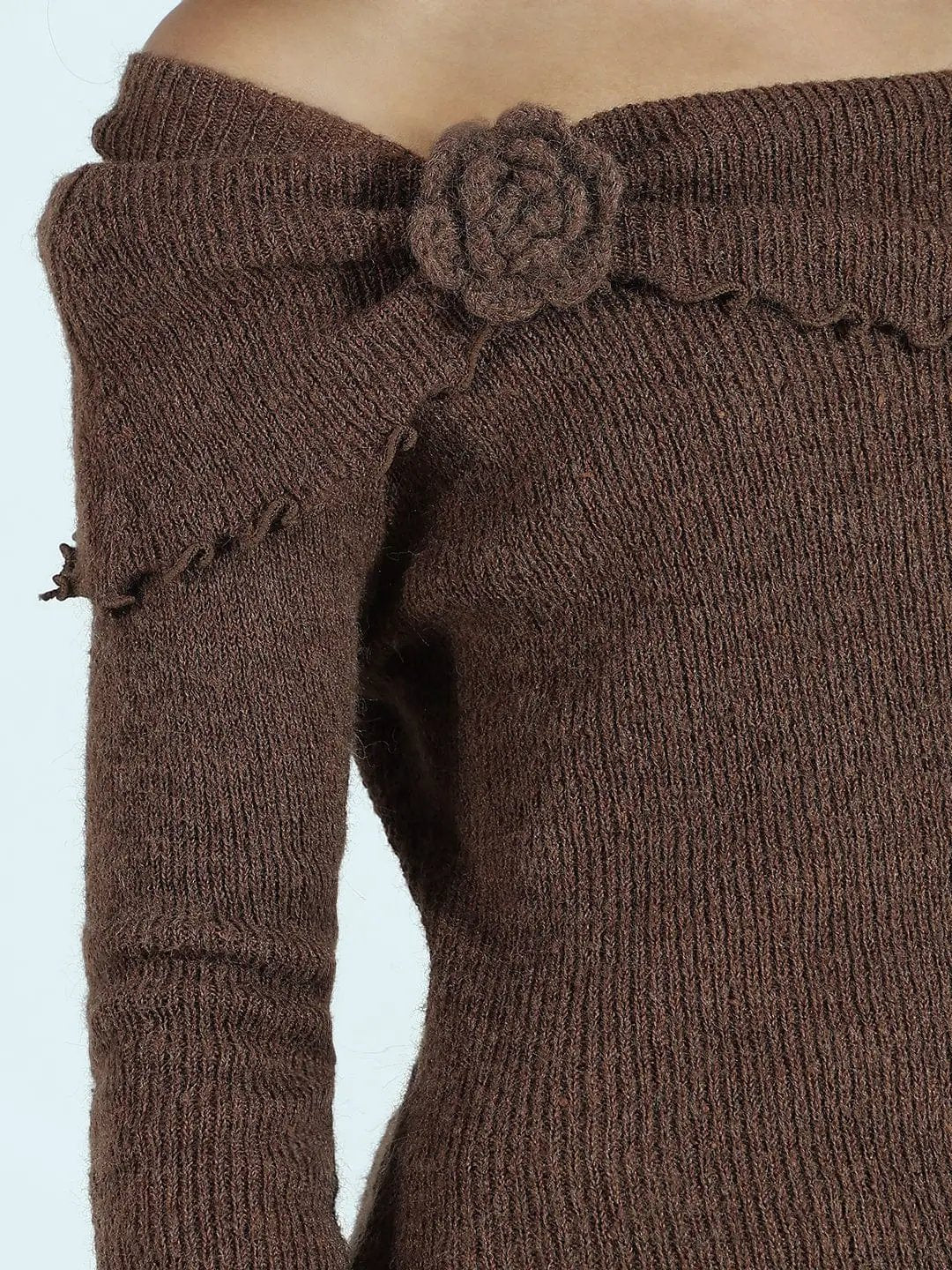 Women's Textured Brown Asymmetric Off-Shoulder Knit Top - from SHOWOFFFF