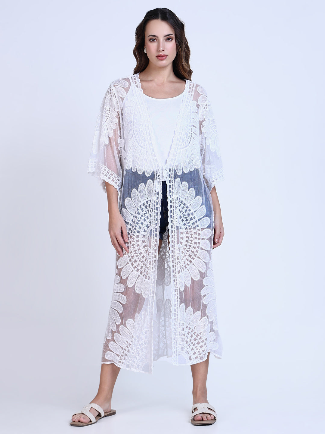 Women White Solid Longline Crochet Shrug