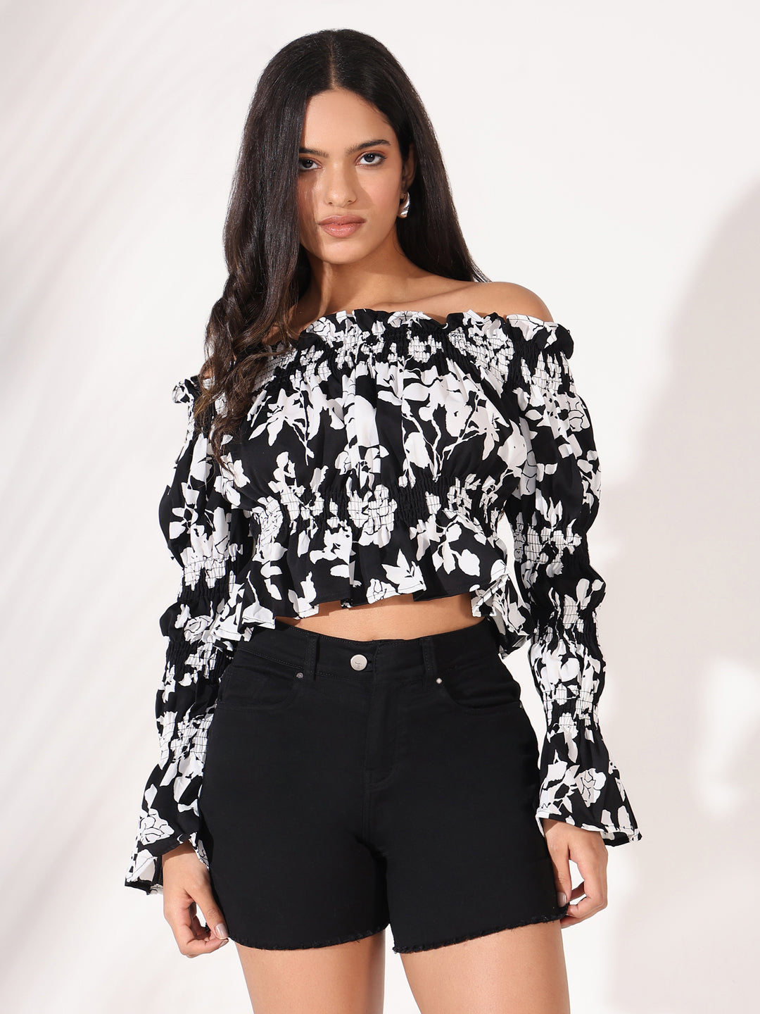 Women Black Floral Crop Top