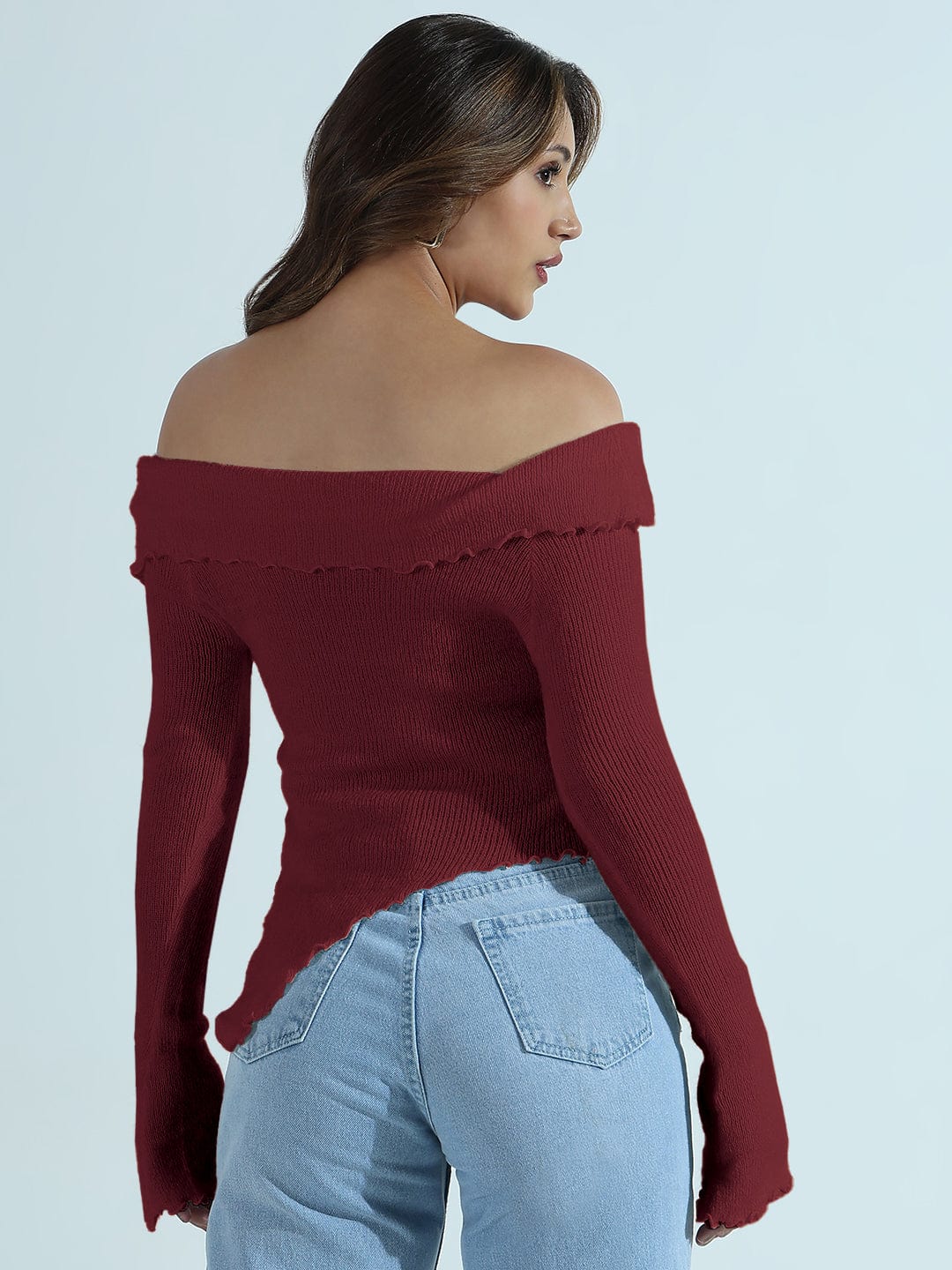 Women's Textured Maroon Asymmetric Off-Shoulder Knit Top with Wood Button