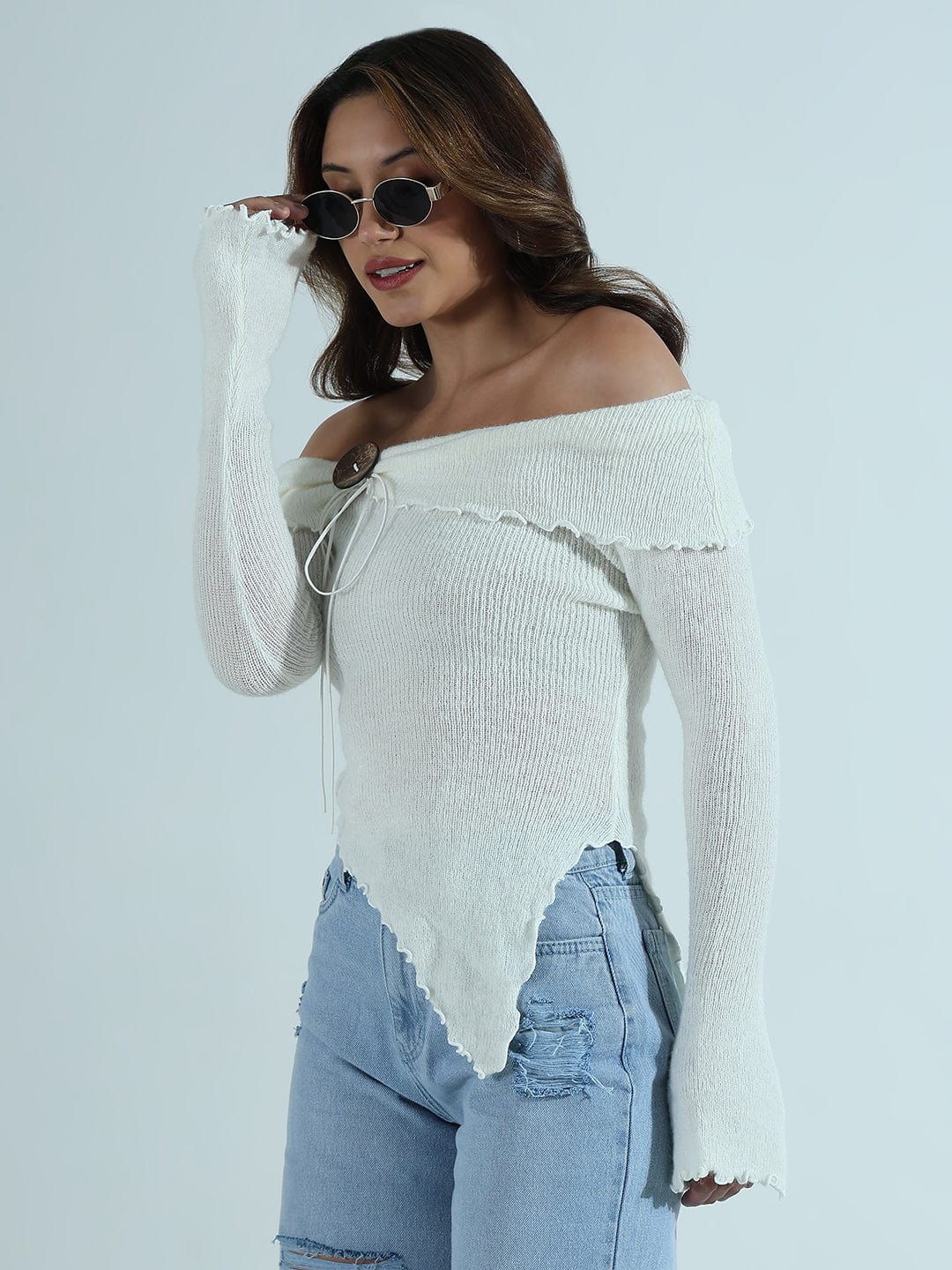 Women's Textured Brown Asymmetric Off-Shoulder Knit Top with Wood Button