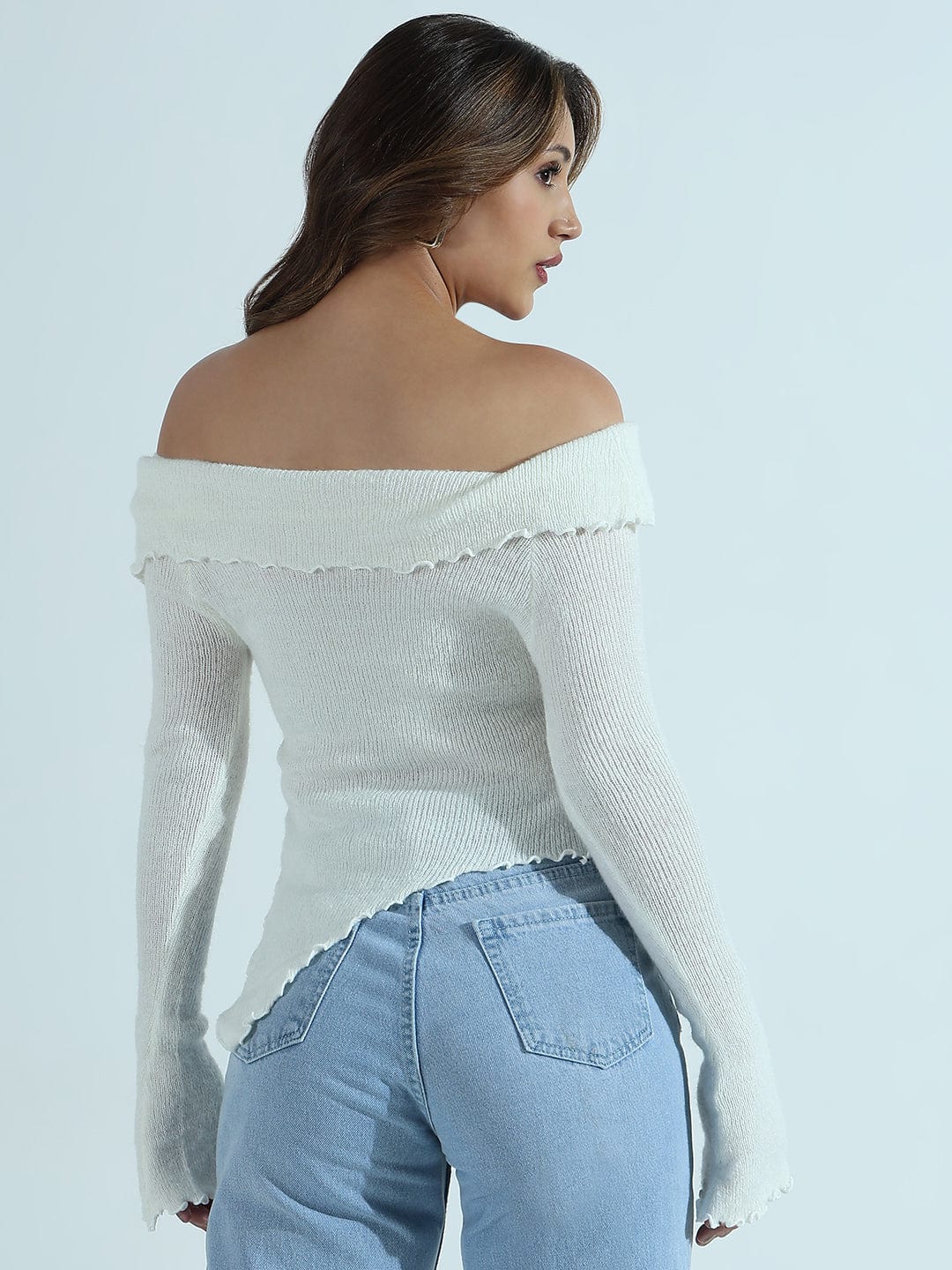 Women's Textured Brown Asymmetric Off-Shoulder Knit Top with Wood Button