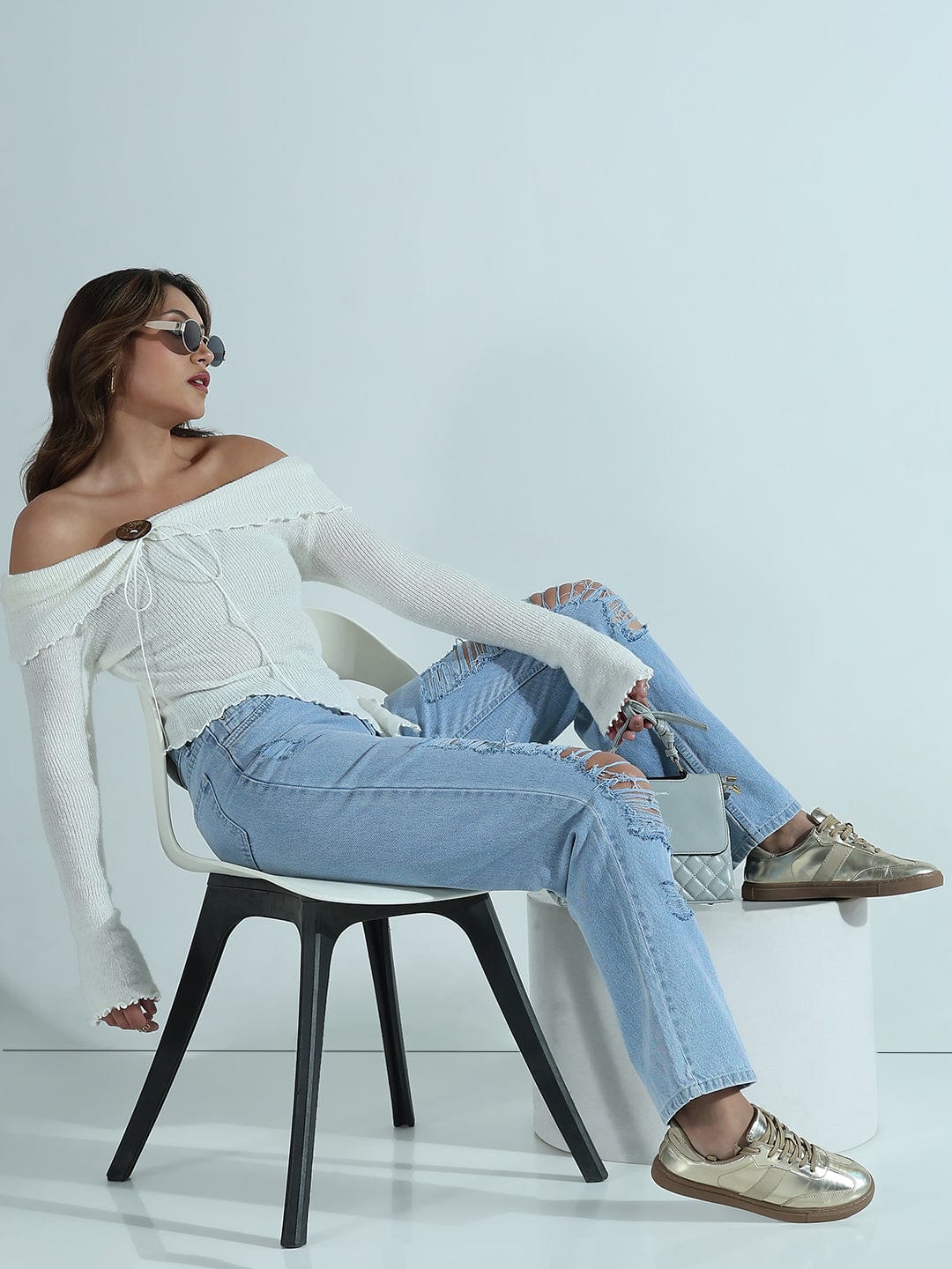 Women's Textured Brown Asymmetric Off-Shoulder Knit Top with Wood Button