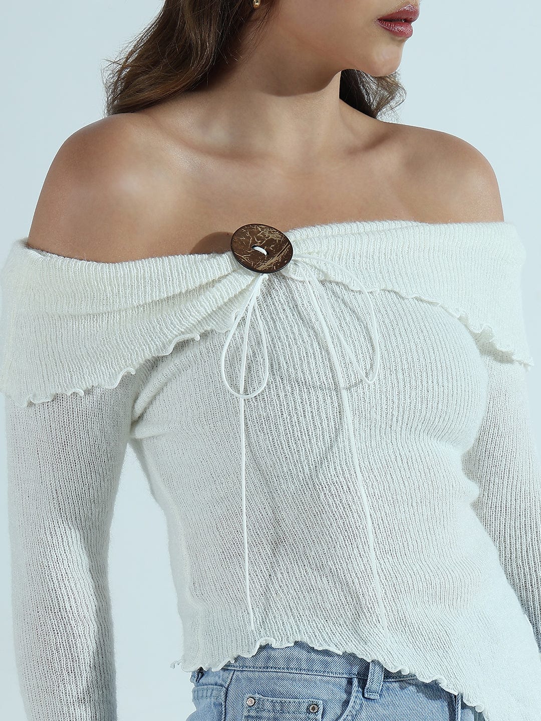 Women's Textured Brown Asymmetric Off-Shoulder Knit Top with Wood Button