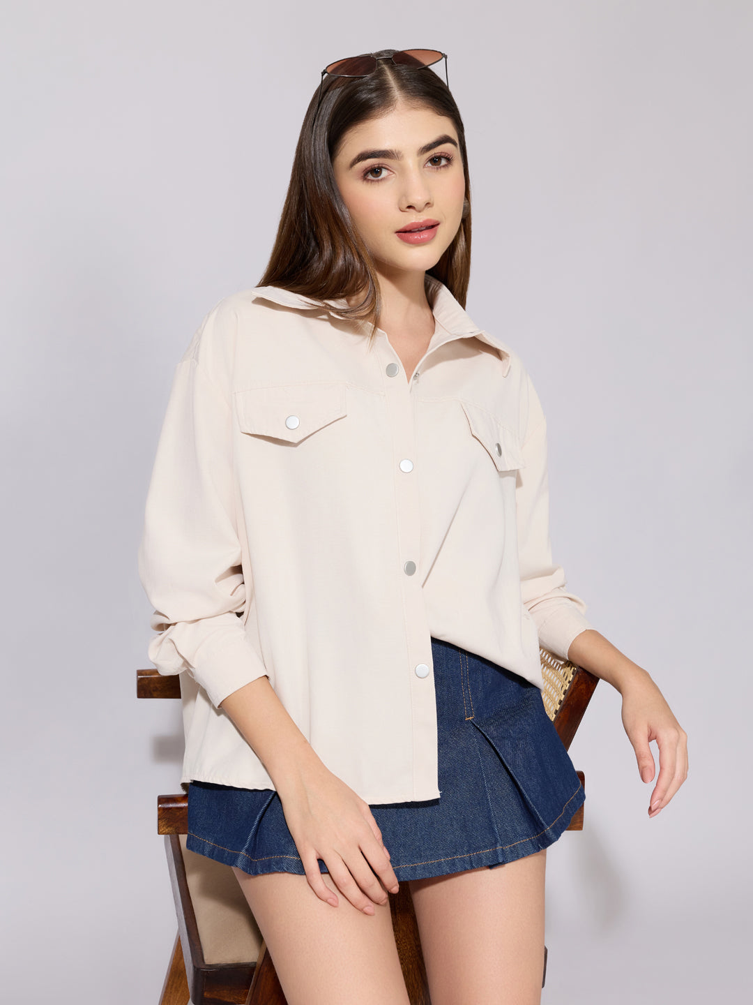 Women's Beige Classic Button-Down Utility Shirt