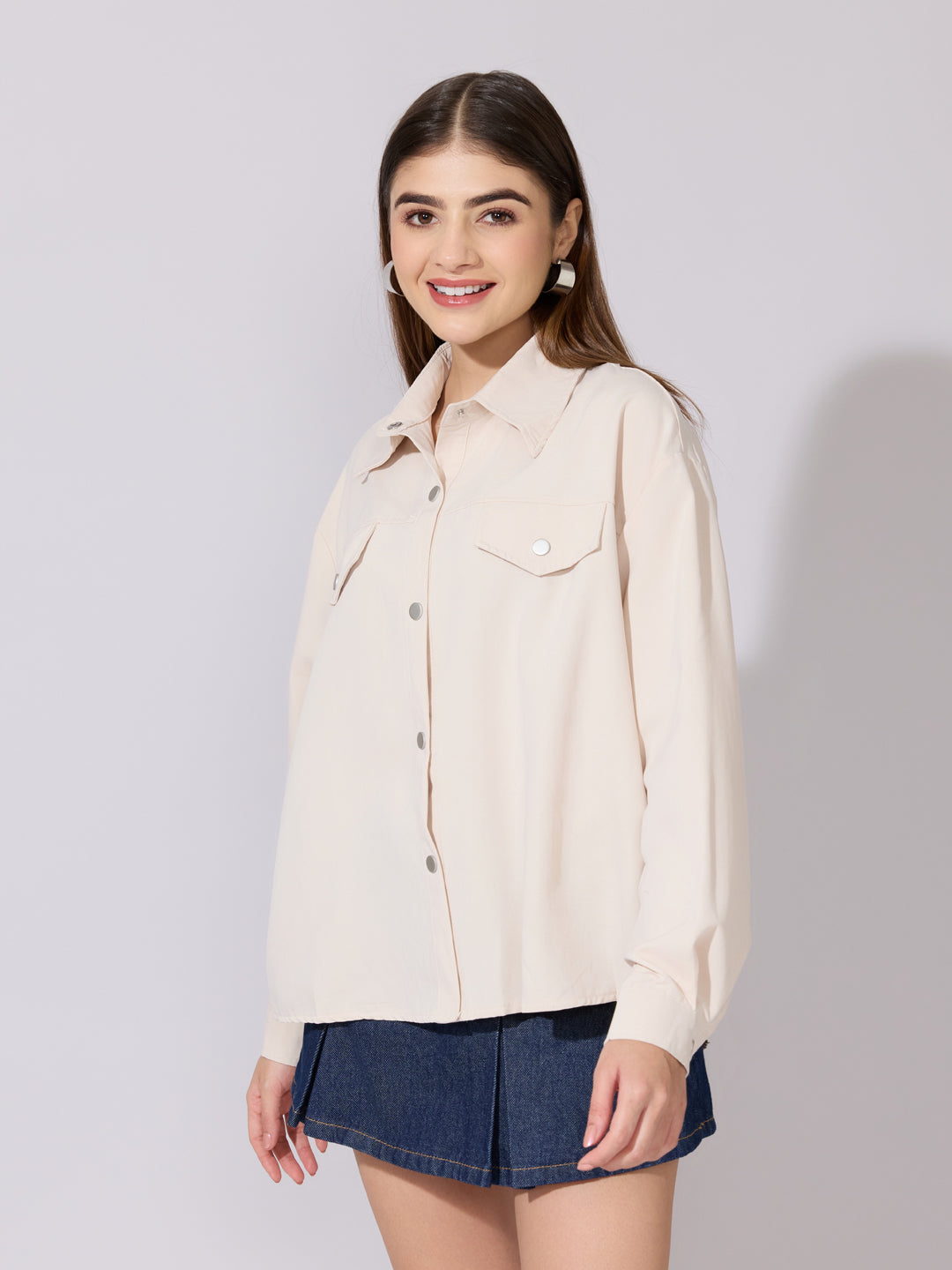 Women's Beige Classic Button-Down Utility Shirt