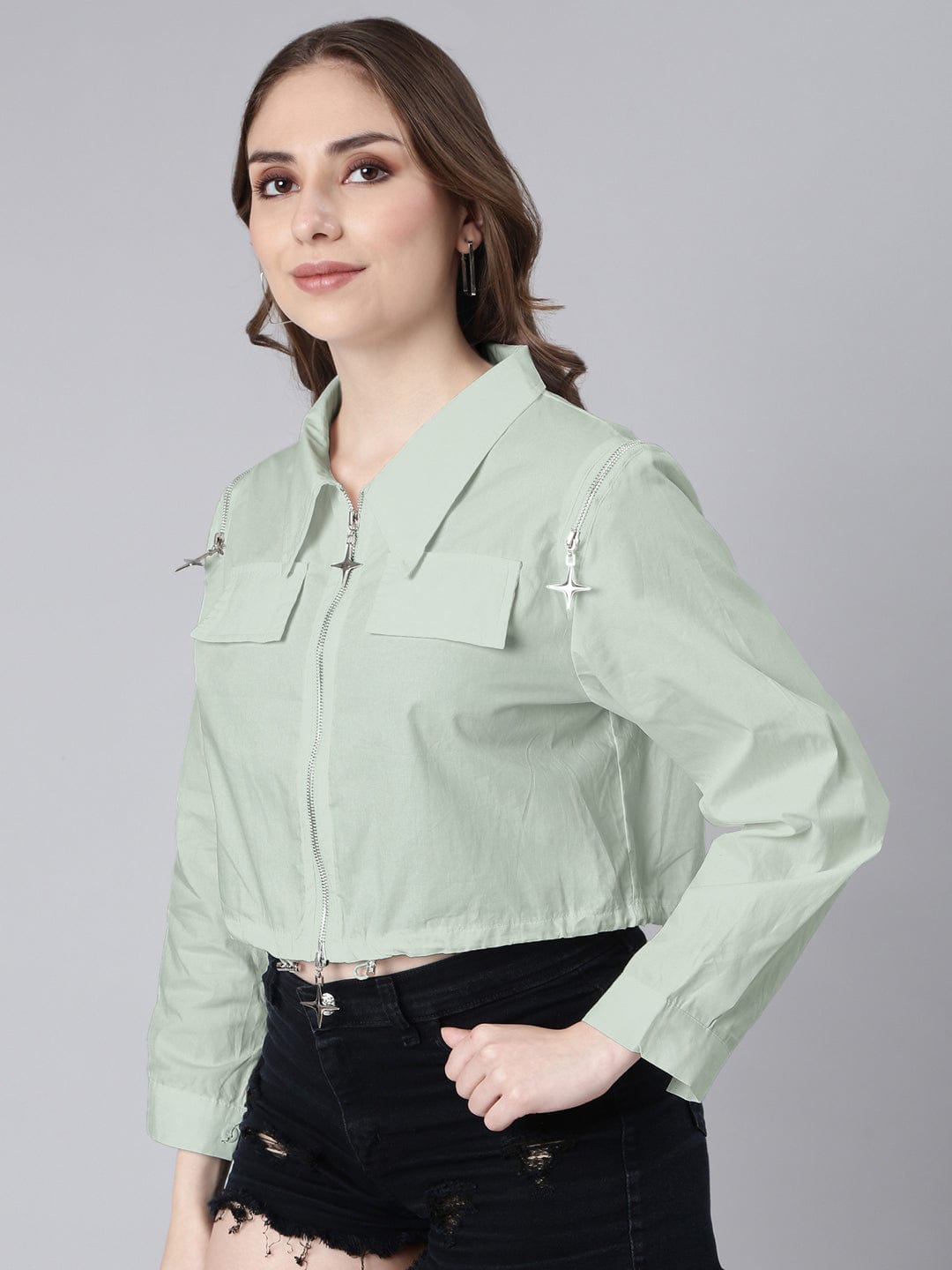 Women's Cotton Green Crop Tailored Jacket