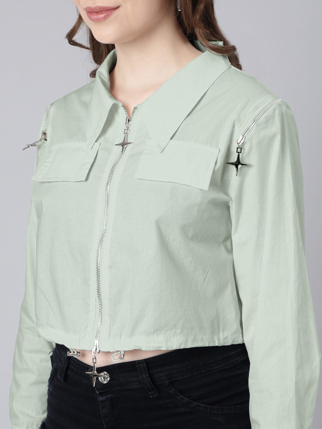 Women's Cotton Green Crop Tailored Jacket