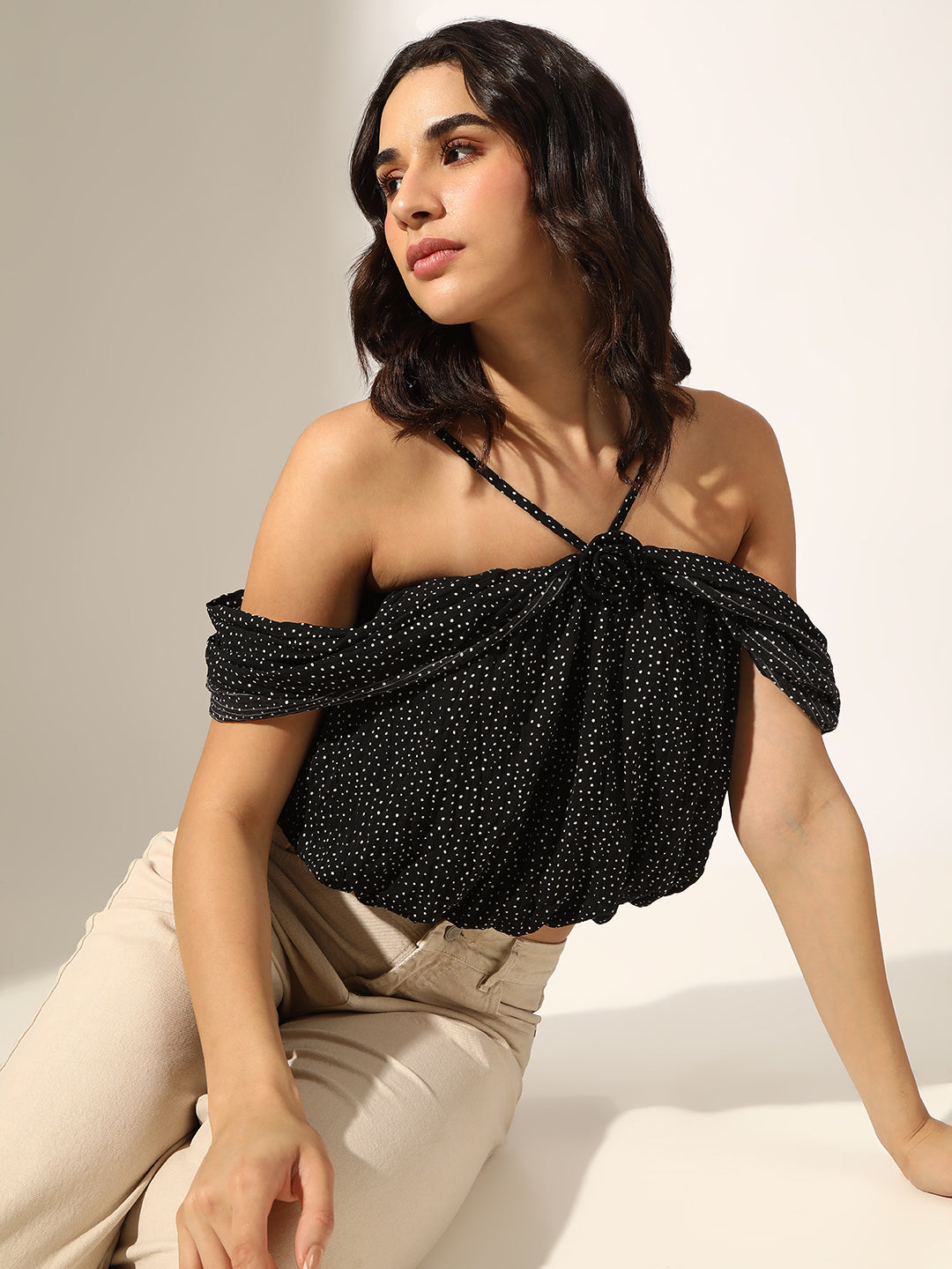 Women's Black Polka Dot Off-Shoulder Fit Balloon Crop Top