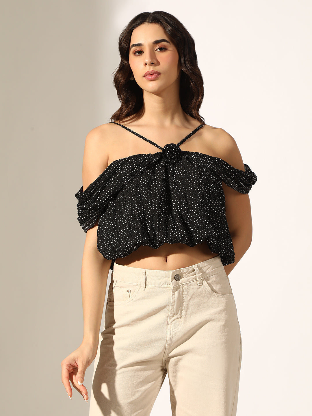 Women's Black Polka Dot Off-Shoulder Fit Balloon Crop Top