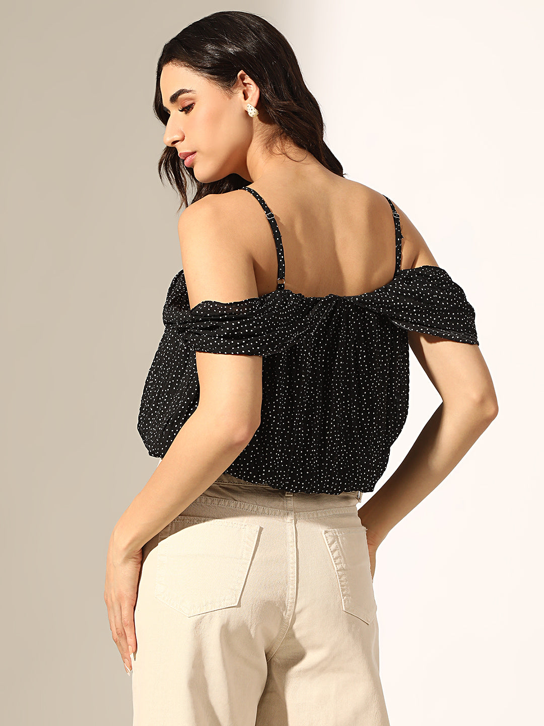 Women's Black Polka Dot Off-Shoulder Fit Balloon Crop Top