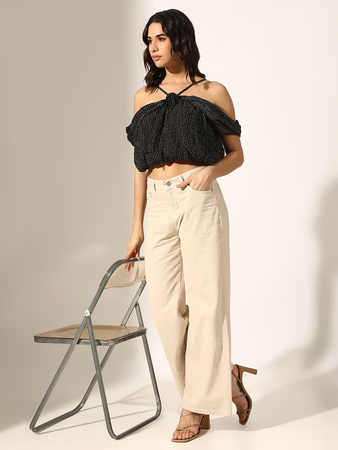 Women's Black Polka Dot Off-Shoulder Fit Balloon Crop Top
