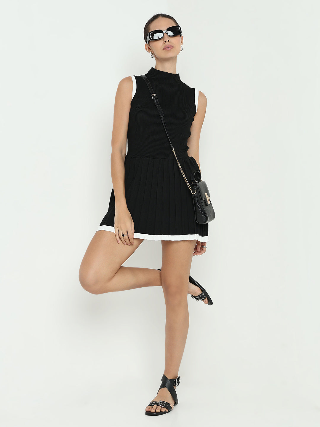 Women's Black A-Line Mini Dress with Contrast Hem