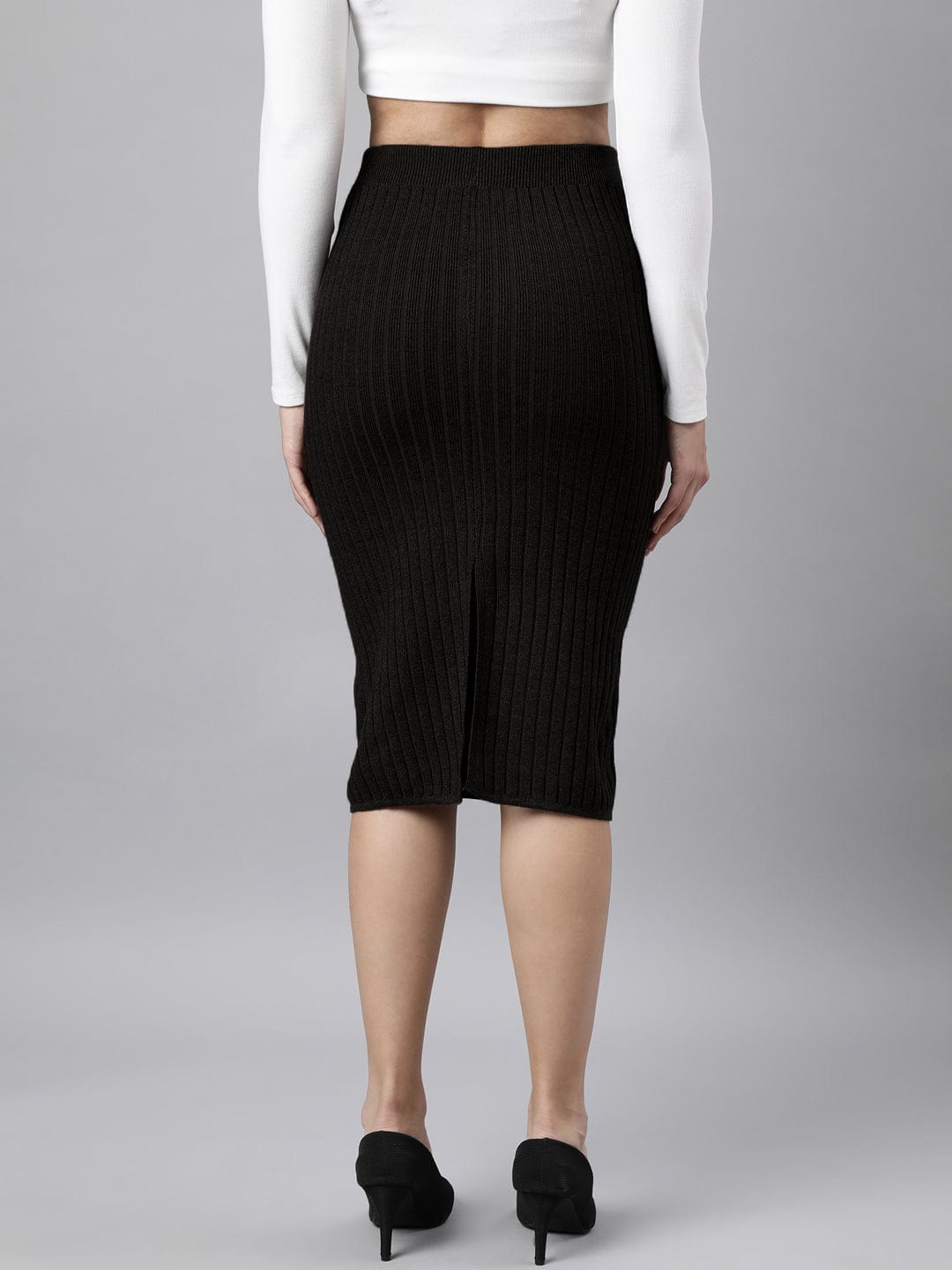 Women's Textured Black Pencil Midi Skirt with Back Slit